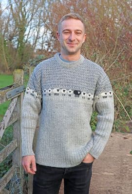 Men's grey rib knit jumper with black sheep design