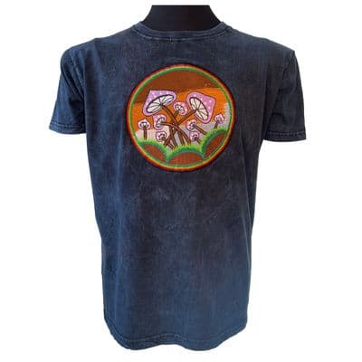 Embroidered Mushroom Rainbow T Shirt in Navy Stonewash