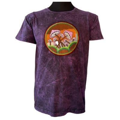 Embroidered Mushroom Rainbow T Shirt in Purple Stonewash