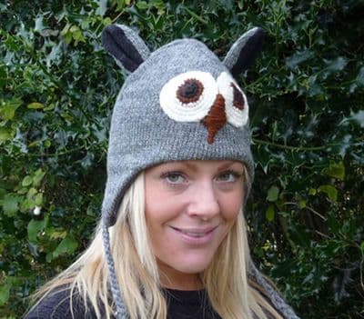 Owl fleece lined knitted hat with tassels