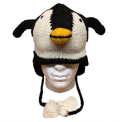 Penguin fleece lined knitted hat with tassels