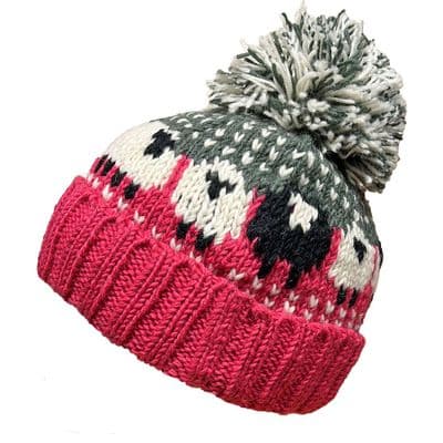Pink Knitted Bobble Hat With A Black Sheep And Fleece Lining