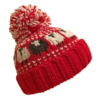 Red Bobble Hat With A Black Sheep