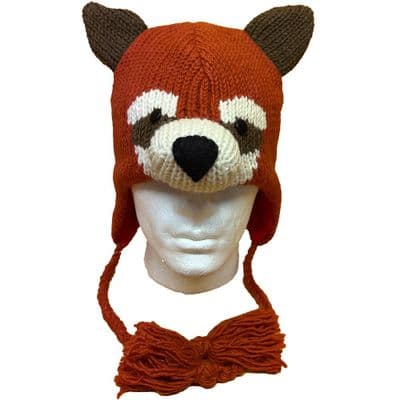 Red Panda fleece lined knitted hat with tassels