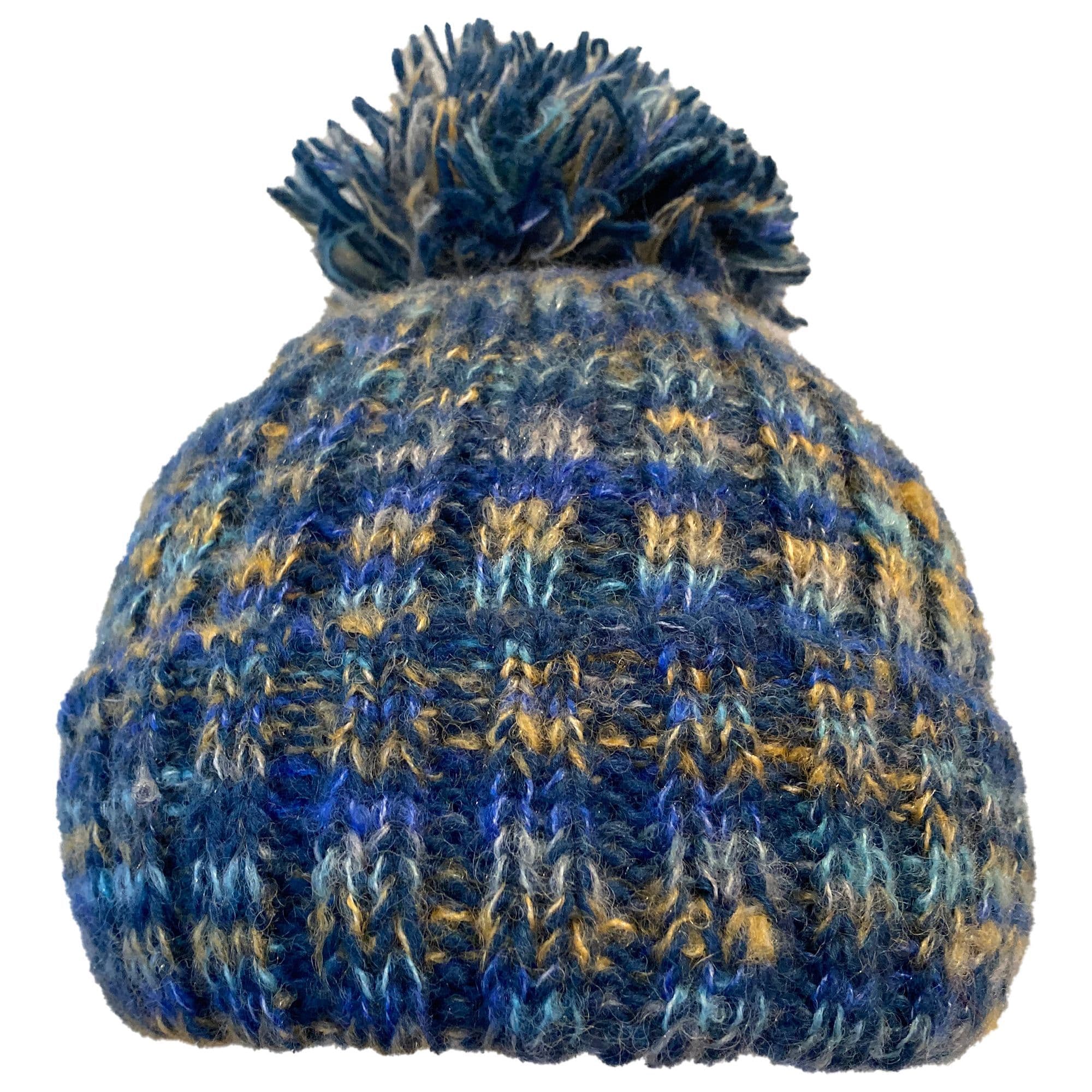 Rib Knit Bobble Hat in Blue and Yellow
