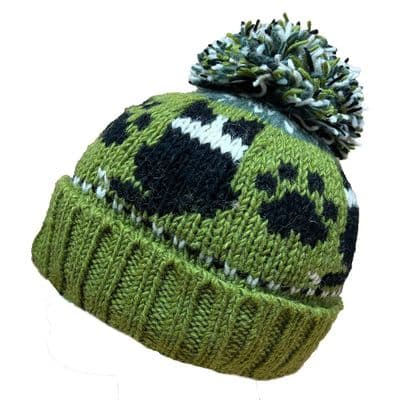 Sheepdog Collie Paw Print Bobble Hat in Green and Grey