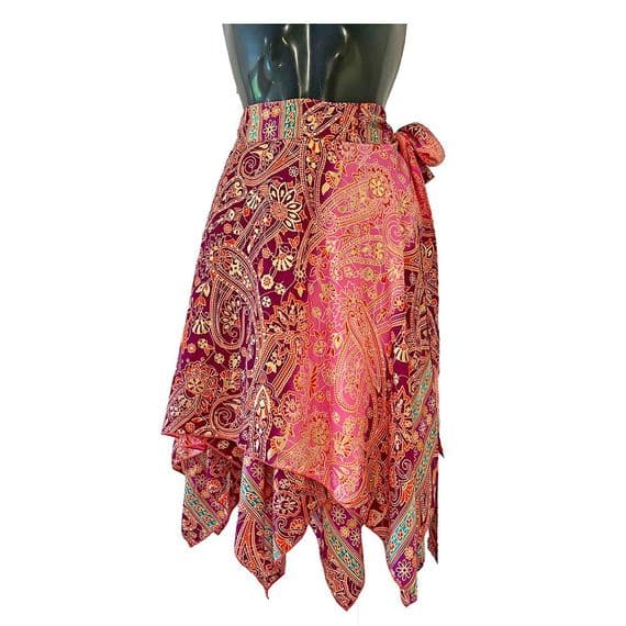 Short Wrap Zig Zag Skirt in Pink, Maroon & Gold Paisley
