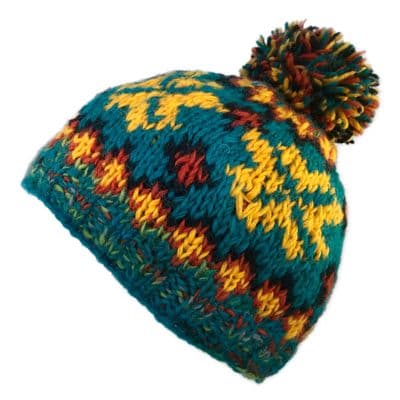 Snowflake Bobble Hat in Turquoise and Yellow