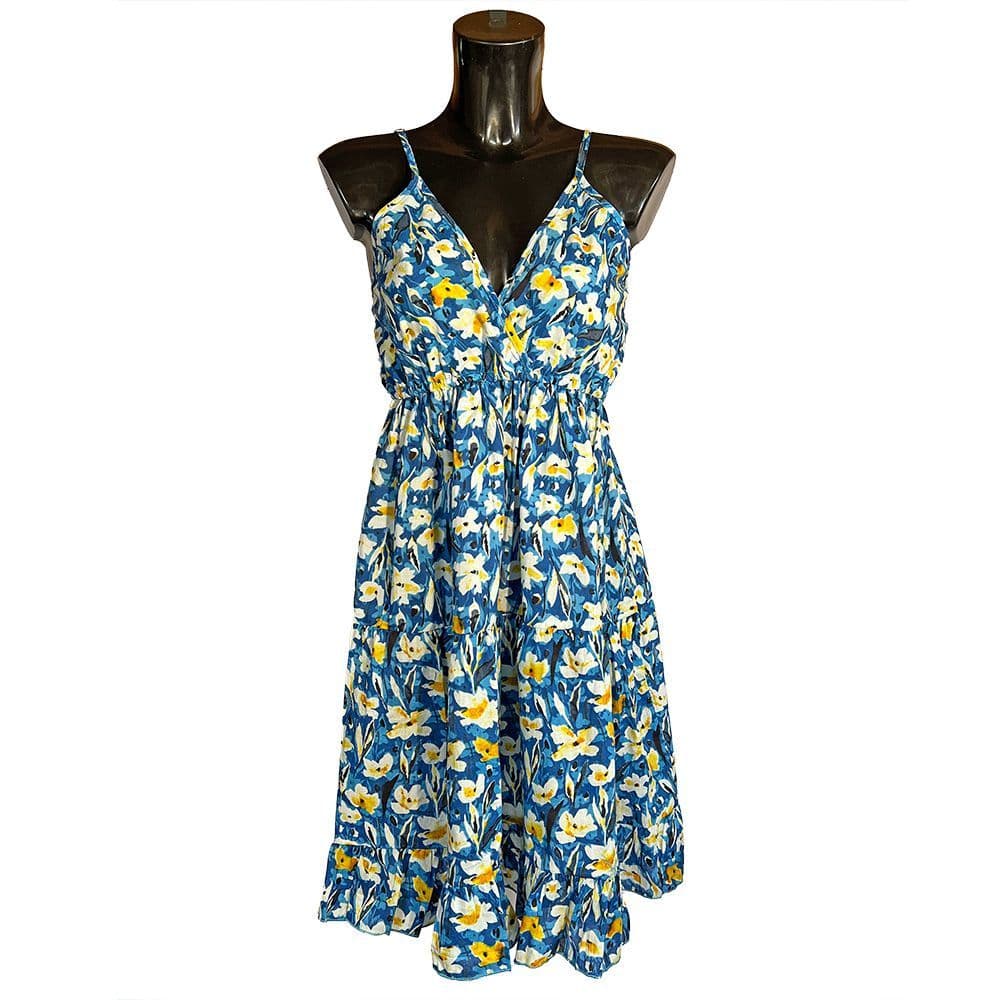 Strappy summer dress in blue yellow and white floral