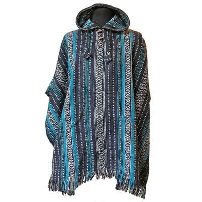 Thick Cotton Hooded Poncho in Blue Stripes