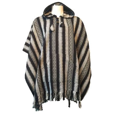 Thick Cotton Hooded Poncho in Bright Black & White stripes