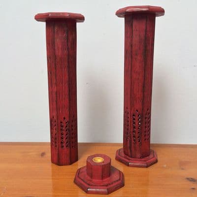 Wooden tower incense burner smoke box - red