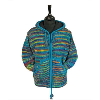 Woollen Hooded Striped Turquoise Rainbow Jacket