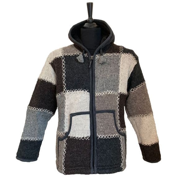 Woollen Patchwork Jacket in Grey, Black & White