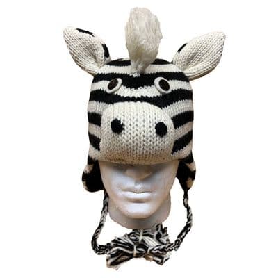 Zebra fleece lined knitted hat with tassels