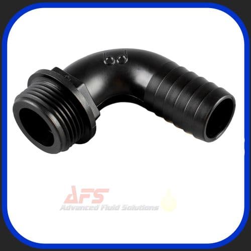 Black 1 BSP Male Thread x 30mm 90° Elbow Bend Hose Tail (Polypropylene)