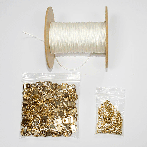 Picture Hanging Multipack - 100 x Single Hole Brass Plated D-Ring + 100 Screws + 100m Cord #1