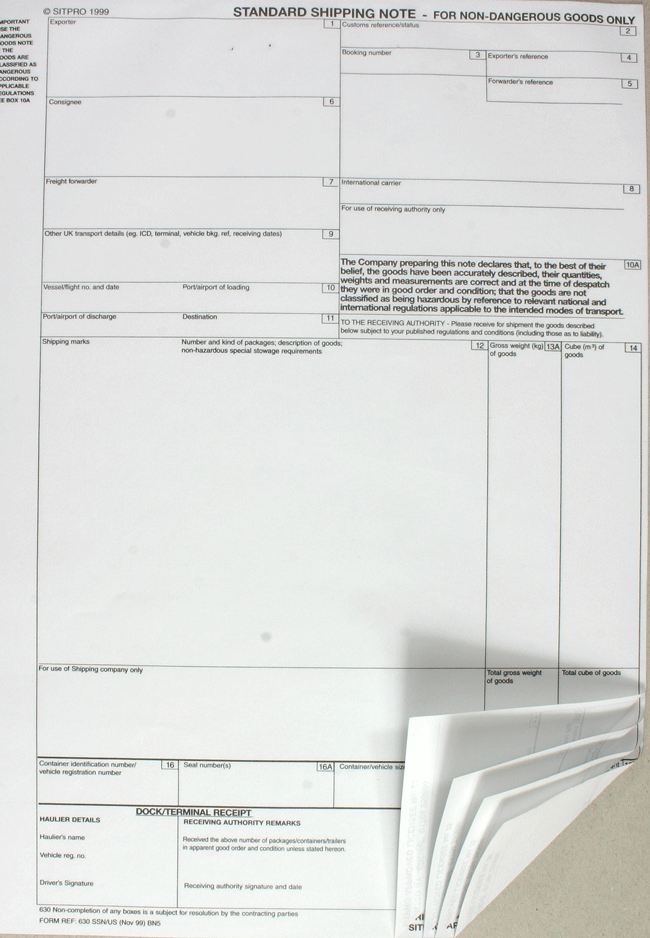 Standard Shipping Notes 4 Part Tipped Sets - Glued at Top Code SSN/US