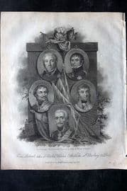 Baines 1817 Portrait Print. Moreau, Bernadotte, Platoff, Schwartzenberg, Blucher