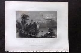 Bartlett Switzerland C1840 Antique Print. Castle of Chillon by Moonlight