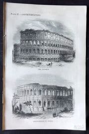 Beeton 1870 Antique Print. Amphitheatres - Rome Colosseum & Nismes. Italy France 02