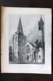 Billings C1850 Antique Print. Chruch & Round Tower at Brechin, Scotland