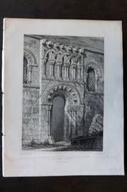 Billings C1850 Antique Print. Dalmenny Church, Entrance Doorway, Scotland