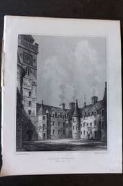 Billings C1850 Antique Print. Glasgow University Inner Court Yard, Scotland