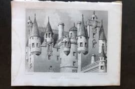 Billings C1850 Antique Print. Turrets of Glammis Castle, Scotland