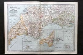Black 1903 Antique Map. England. Cornwall, Devonshire, Dorset, Channel Islands
