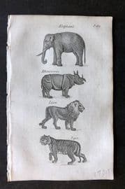 Blair 1834 Miniature Print. Elephant, Rhino, Lion, Tiger