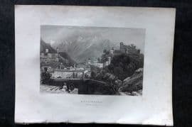 Costello - Piedmont and Italy 1861 Antique Print. Bellinzona, Tessin, Switzerland