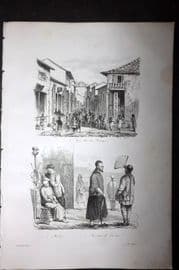 d'Urville 1834 Antique Print. China - Canton Road, Barber & Habitants