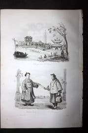 d'Urville 1834 Antique Print. China - Faubourg Village & Mandarin Costume
