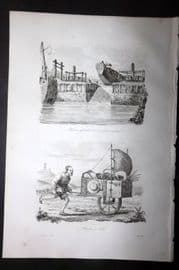 d'Urville 1834 Antique Print. China - Launching Boat & Carrying Goods