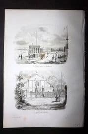 d'Urville 1834 Antique Print. India - Pondicherry & Church