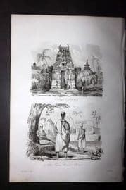 d'Urville 1834 Antique Print. India - Pondicherry Pagoda & Fakir, Brahmin, Priest