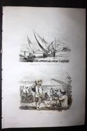 d'Urville 1834 Antique Print. Indo China - Fishing & Costume