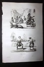 d'Urville 1834 Antique Print. Japan - Mountain Family & Fighters