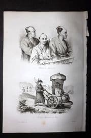 d'Urville 1834 Antique Print. Japan - Portraits & Lady in Rickshaw