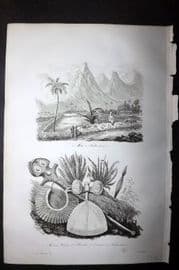 d'Urville 1834 Antique Print. Polynesia - Houses of the Dead & Artefacts