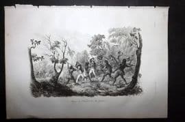 d'Urville 1834 Antique Print. Polynesia - Native Attack, Gambier Islands