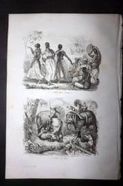 d'Urville 1834 Print. India - Hindu Dance & Music, Tiger Chase by Elephants