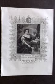 Gaspey C1860 Antique Portrait Print. Catherine of Braganza, Queen of Charles II