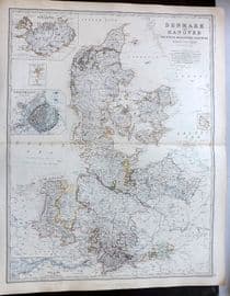 Johnston 1861 Antique Map Denmark and Hanover Brunswick, Mecklenburg, Oldenburg