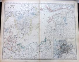 Johnston 1861 Large Antique Map. Basin of the Baltic. St. Petersburg Inset