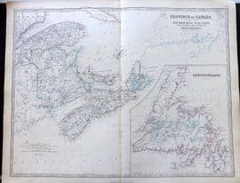 Johnston 1861 Large Antique Map. Canada. New Brunswick Nova Scotia Newfoundland