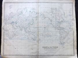 Johnston 1861 Large Antique Map. Chart of the World on Mercators Projection