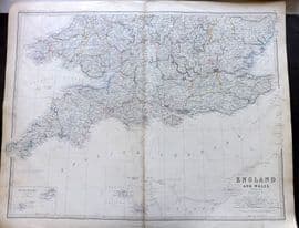 Johnston 1861 Large Antique Map. England and Wales. Southern Sheet