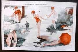 La Via Parisienne 1917 Art Deco Double Print. Sur les Bords Fleuris by Leonnec